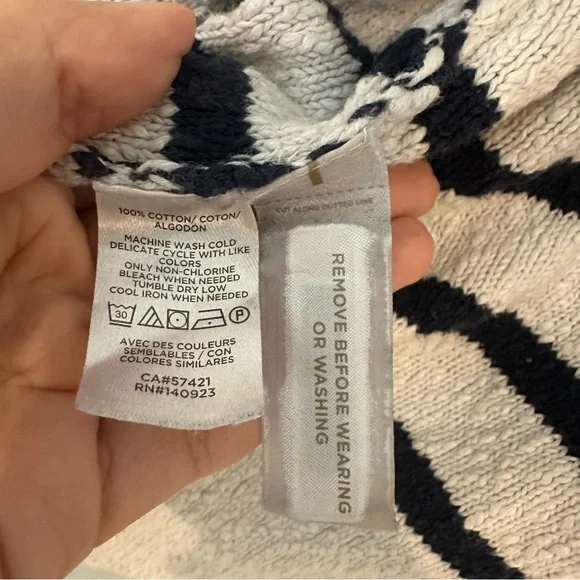 Loft 100% Cotton Striped Cardigan Boucle Accents White and Navy Medium - Picture 6 of 6